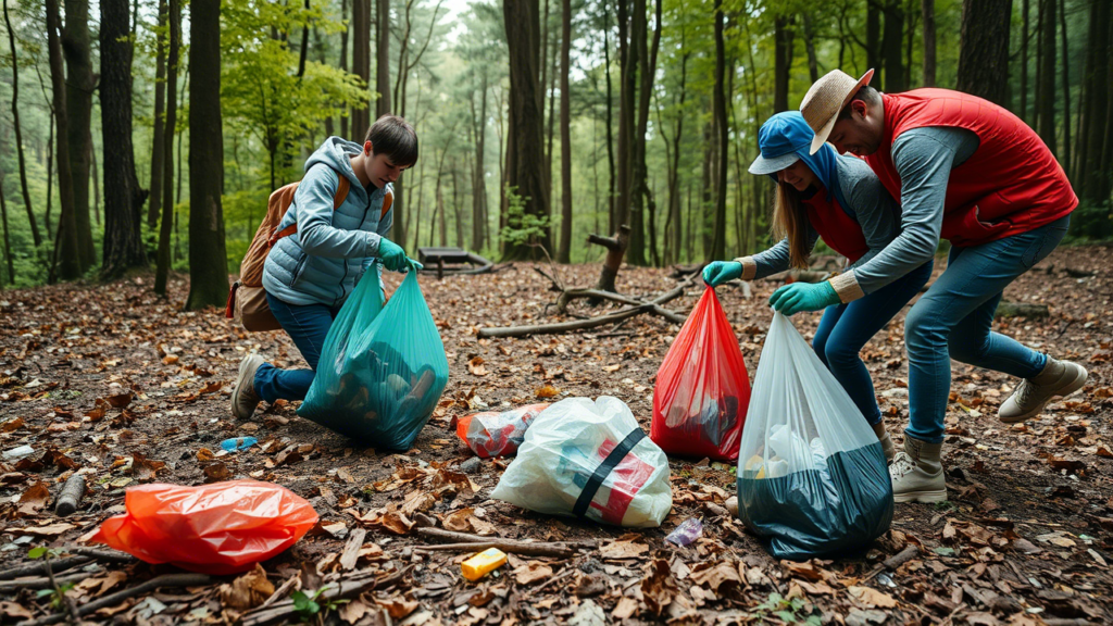 Туристы убирают территорию после отдыха в лесу